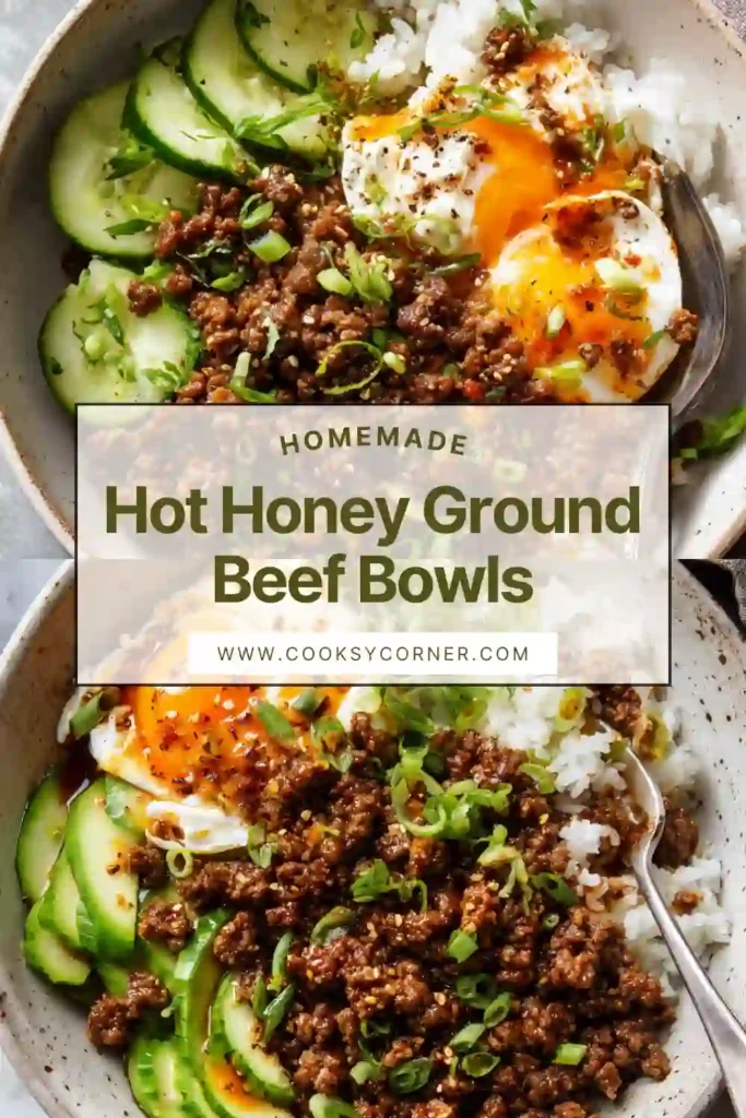 Close-up of a viral hot honey ground beef bowl featuring caramelized sweet potatoes, taco-seasoned beef, and spicy honey drizzle.