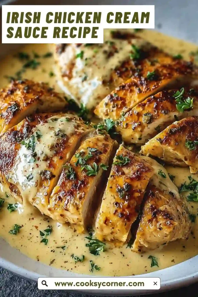 Close-up of creamy chicken in a smooth Irish-style sauce with parsley garnish. The texture appears rich and velvety with golden seared chicken.