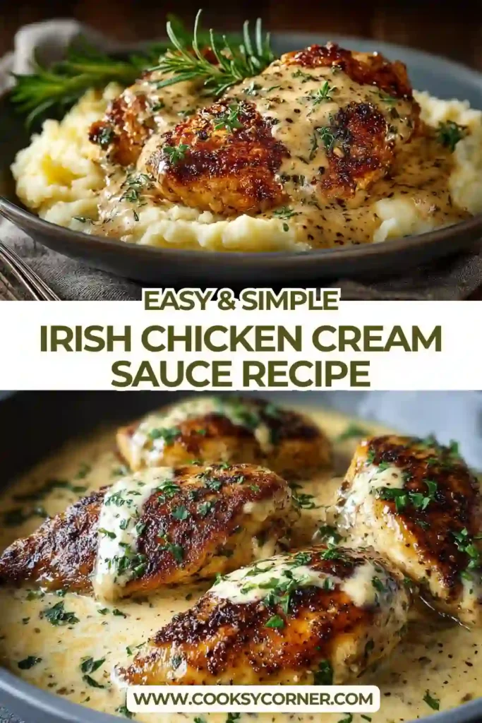 Irish Chicken Cream Sauce Recipe served with mashed potatoes and vegetables. The creamy sauce is thick and flavorful.