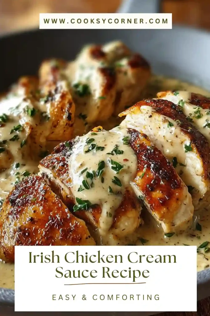 Skillet of chicken simmering in a creamy sauce with herbs and garlic, showcasing a hearty Irish-inspired meal.