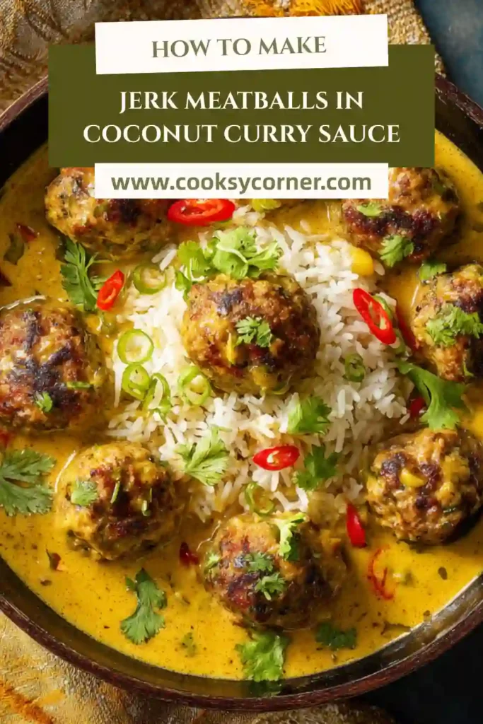 Caribbean jerk pork meatballs simmered in coconut curry sauce with bell peppers.
