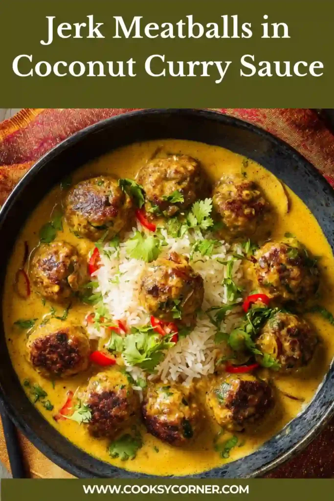Close-up of spicy jerk meatballs in rich coconut curry gravy.