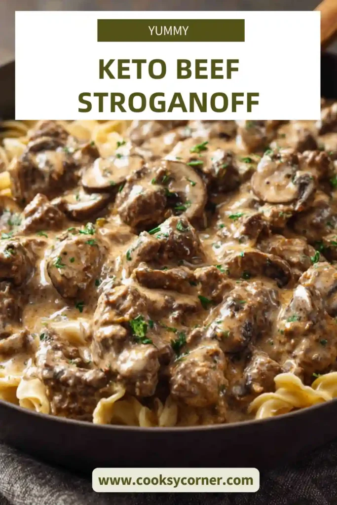 Close-up of low carb beef stroganoff with sliced mushrooms and creamy sauce in a rustic bowl.