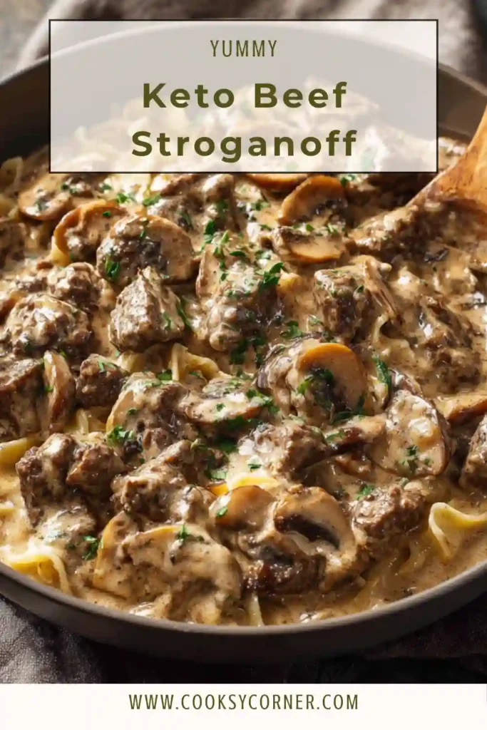 Homemade keto beef stroganoff featuring browned beef chunks simmered in a creamy mushroom sauce.
