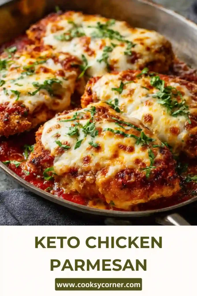 Crispy keto chicken parmesan baked with mozzarella and marinara.