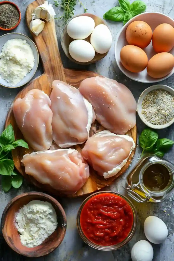 Homemade keto chicken parmesan served with fresh herbs.