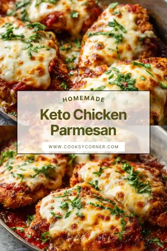 Low carb chicken parmesan topped with marinara sauce and parmesan cheese.