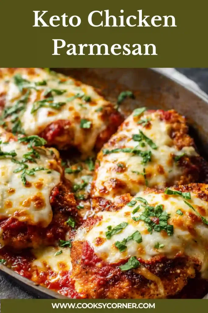 Keto chicken parmesan with almond flour crust and melted mozzarella.