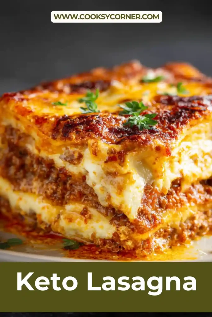 Homemade keto lasagna served in a baking dish with cheesy layers and hearty beef sauce. The dish is golden on top and perfect for a low carb dinner.
