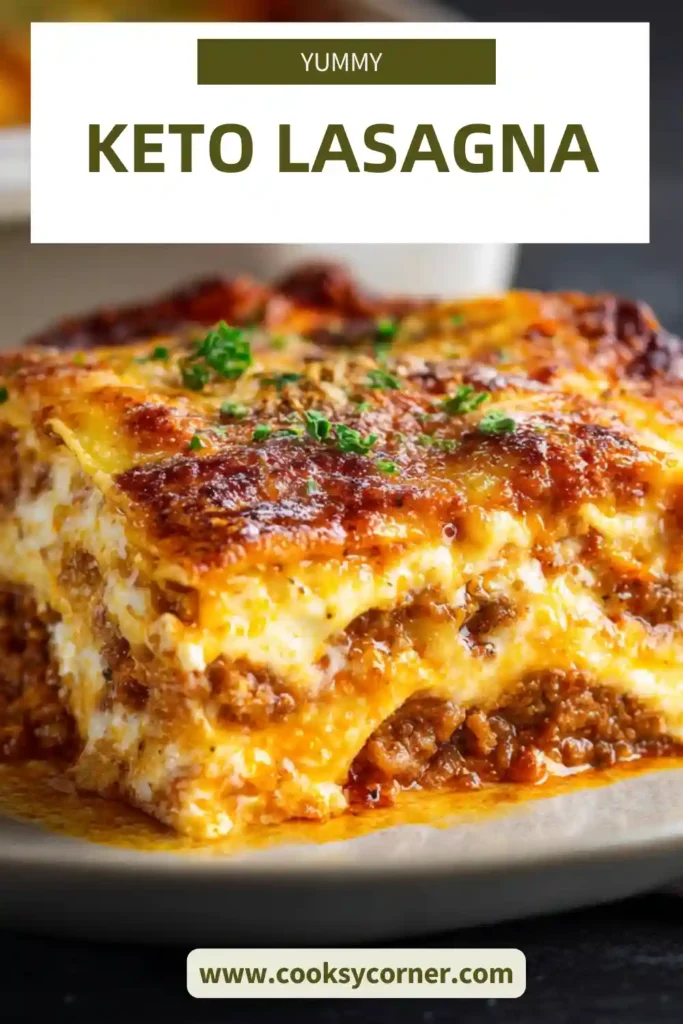 Close-up slice of keto lasagna showing layers of cheese noodles, savory beef sauce, and creamy ricotta. The low carb lasagna has a perfectly melted mozzarella topping.