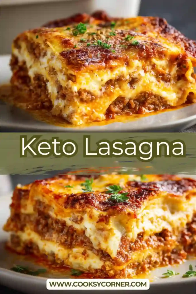 A freshly baked keto lasagna with layers of cheesy keto noodles, beef marinara sauce, ricotta, and melted mozzarella cheese. The golden top layer looks rich and bubbling.