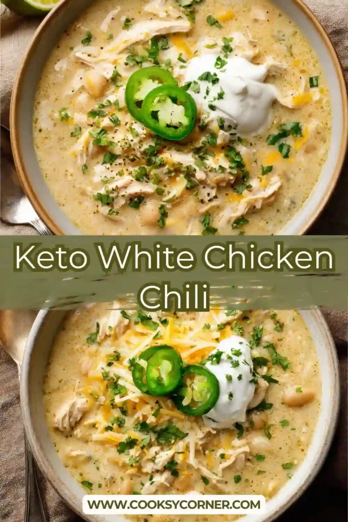 Homemade keto white chicken chili served in a bowl with fresh herbs.