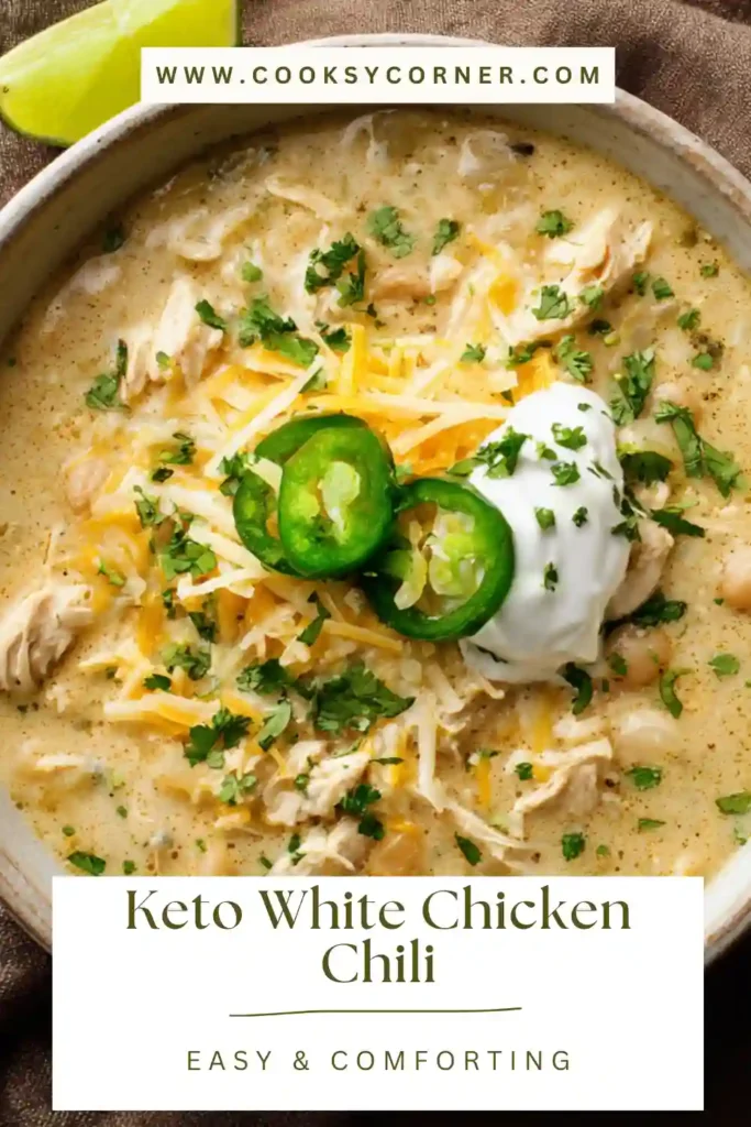 Creamy white chicken chili with shredded chicken, green chiles, and melted cheese.