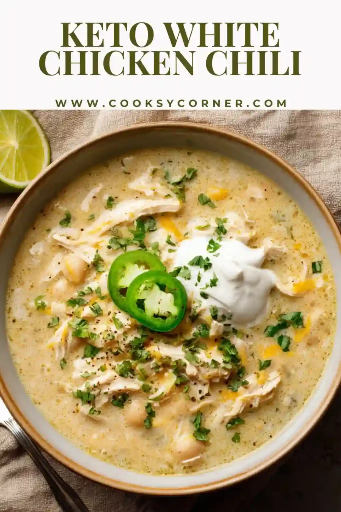 Bowl of keto white chicken chili topped with shredded cheese and cilantro.