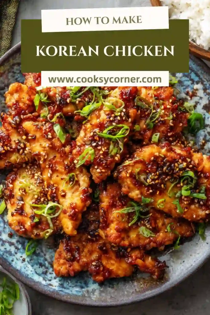 Close-up of Korean Chicken with visible grill marks and sweet savory soy garlic glaze. Garnished with fresh scallions.