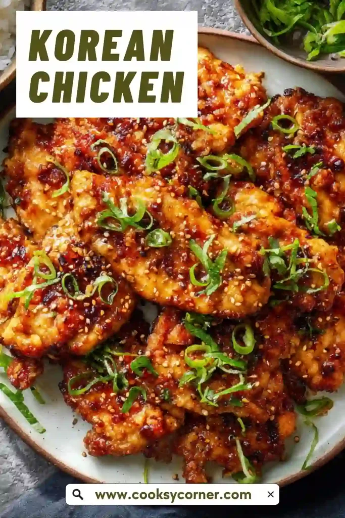 Grilled Korean Chicken breasts topped with sesame seeds and sliced scallions on a serving plate. The glaze looks caramelized and glossy.