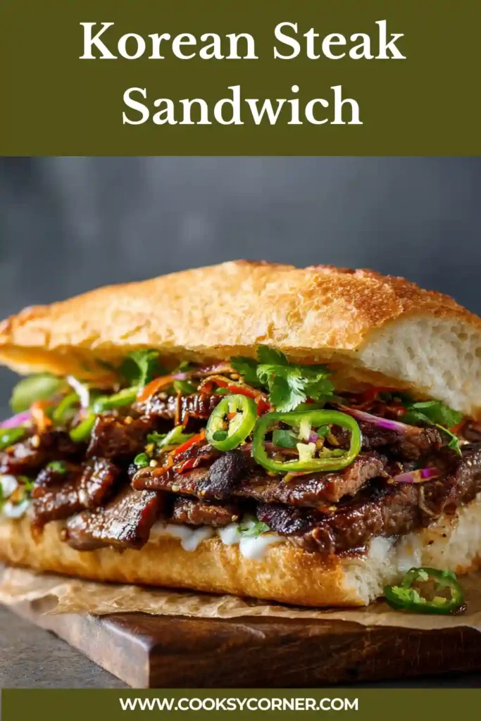 Korean fusion steak sandwich cut in half showing juicy beef and melted cheese layers.