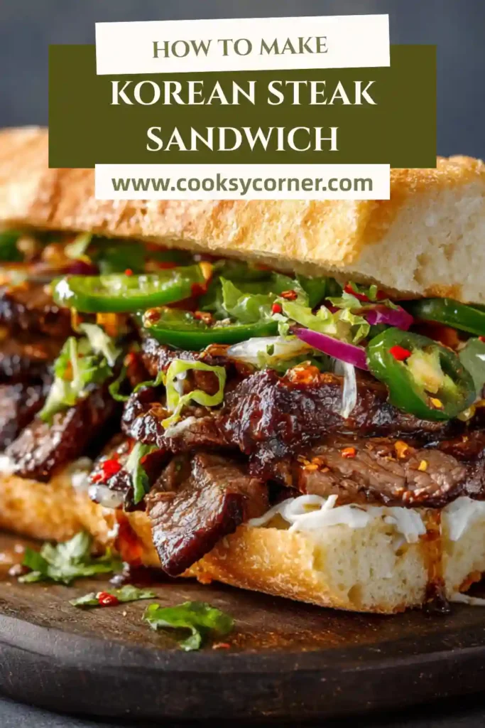 Close-up of gochujang marinated ribeye steak sandwich with garlic mayo and sesame seeds.