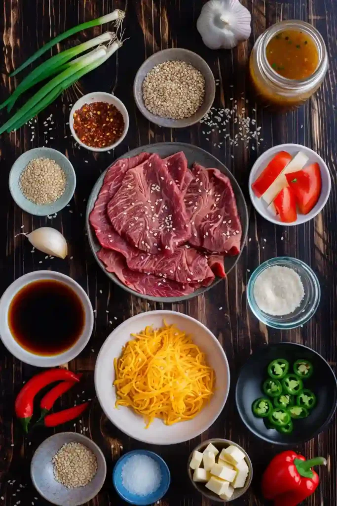 Toasted Korean Steak Sandwich served with fresh scallions and caramelized peppers.