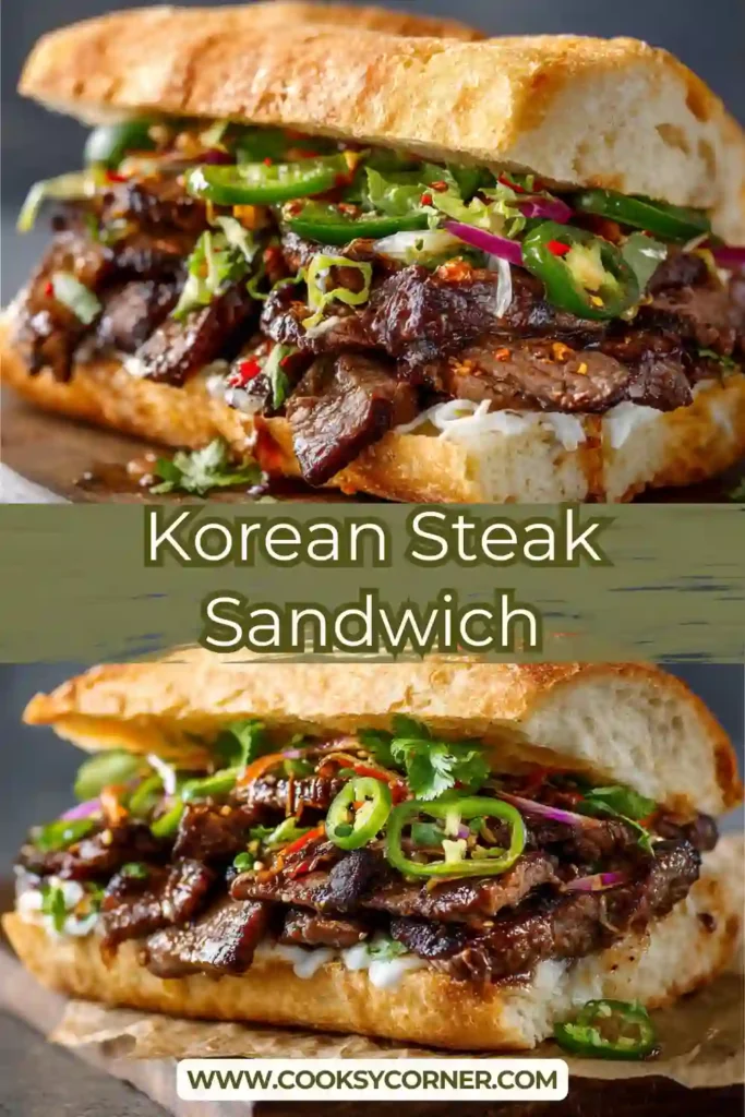 Korean Steak Sandwich with thinly sliced ribeye, melted cheddar, and jalapeños inside crispy toasted bread.