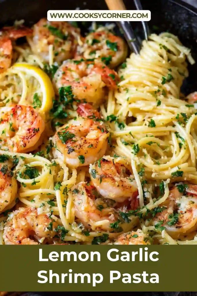 Homemade shrimp pasta with garlic butter sauce and bright lemon flavor, garnished with parsley.