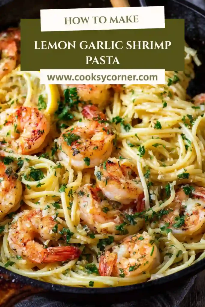 Lemon garlic shrimp pasta served in a bowl with fresh parsley and lemon slices, featuring juicy shrimp and glossy pasta.