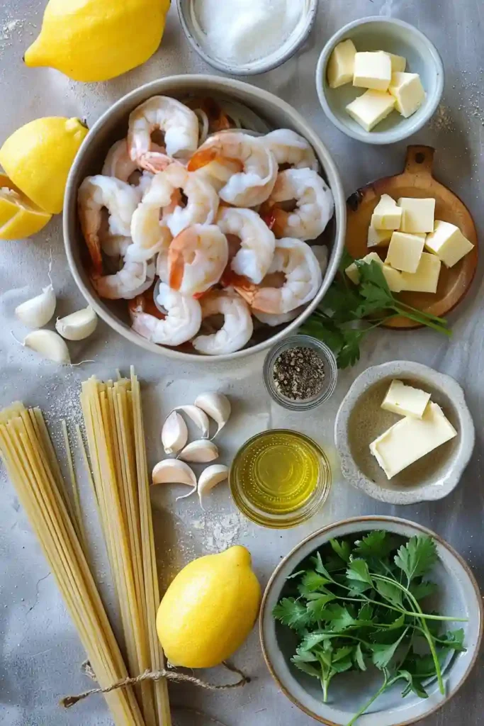 Bowl of lemon garlic shrimp pasta with tender shrimp and perfectly coated spaghetti.
