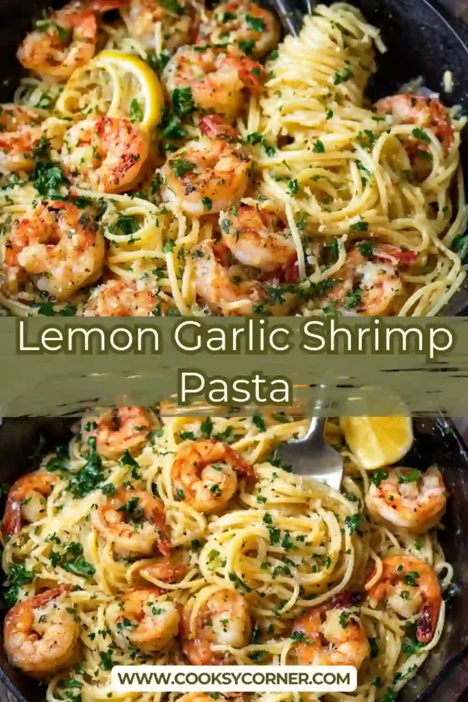 Close-up of shrimp pasta with garlic, lemon zest, and herbs, showing a fresh and vibrant dish.