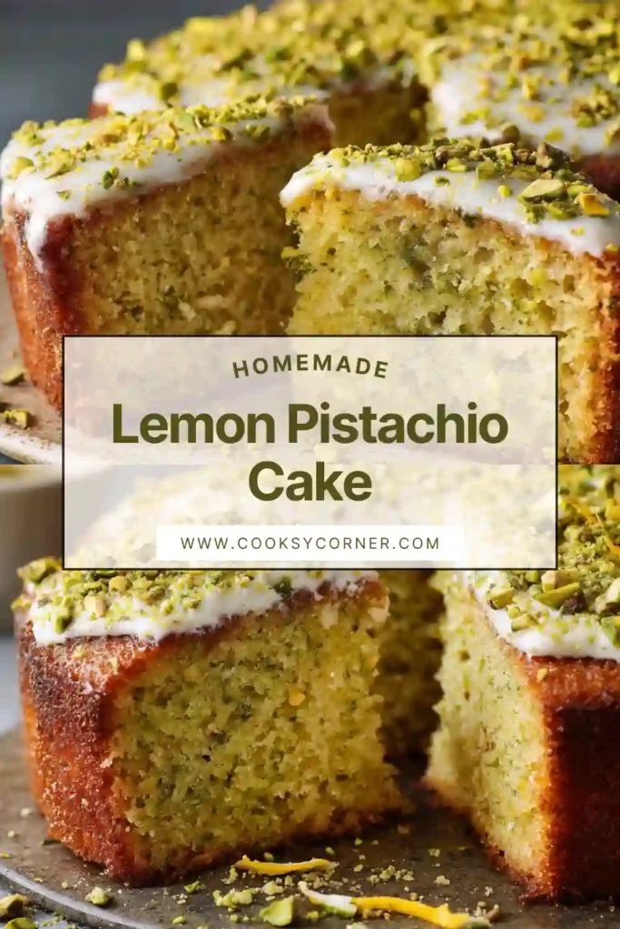 Homemade Lemon Pistachio Cake baked in a square pan and topped with smooth cream cheese frosting. Fresh lemon zest and pistachios add vibrant flavor and color.