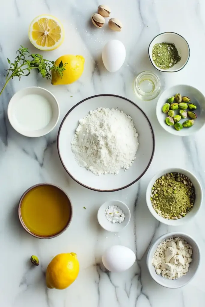 Close-up of a pistachio lemon cake with creamy frosting and crunchy pistachio garnish. The cake looks moist, light, and full of citrus aroma.