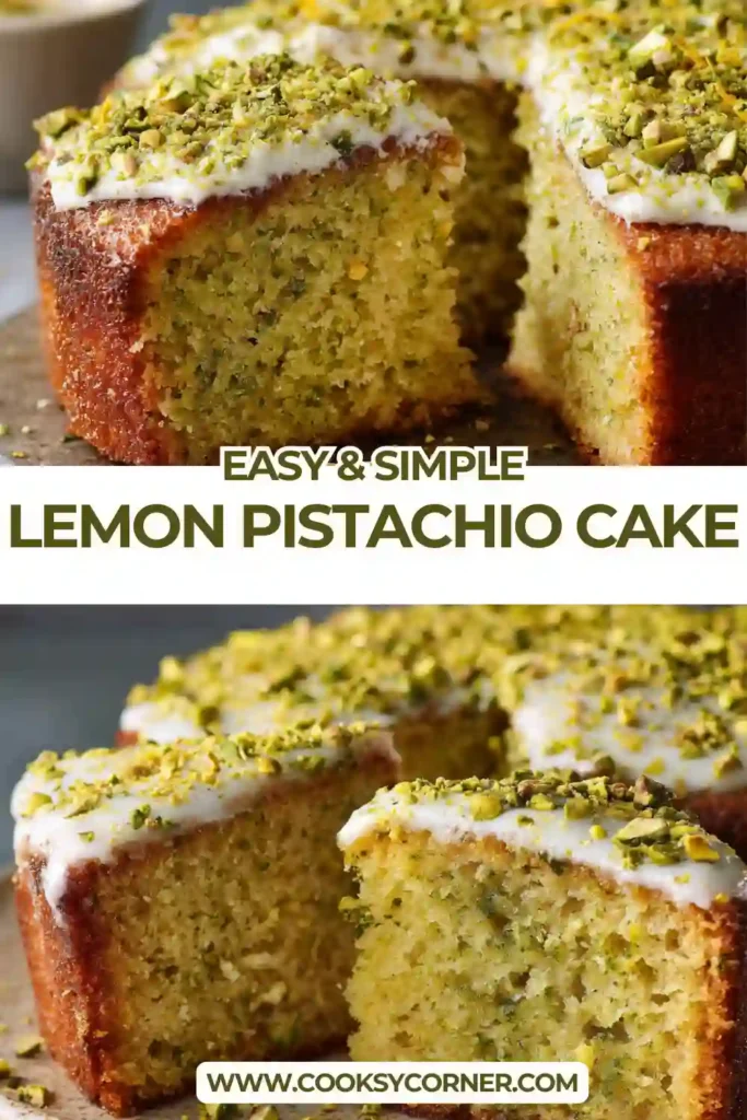 Moist lemon pistachio cake slice with fluffy cream cheese frosting and chopped pistachios on top. Bright citrus flavors combine with nutty pistachios in this elegant dessert.