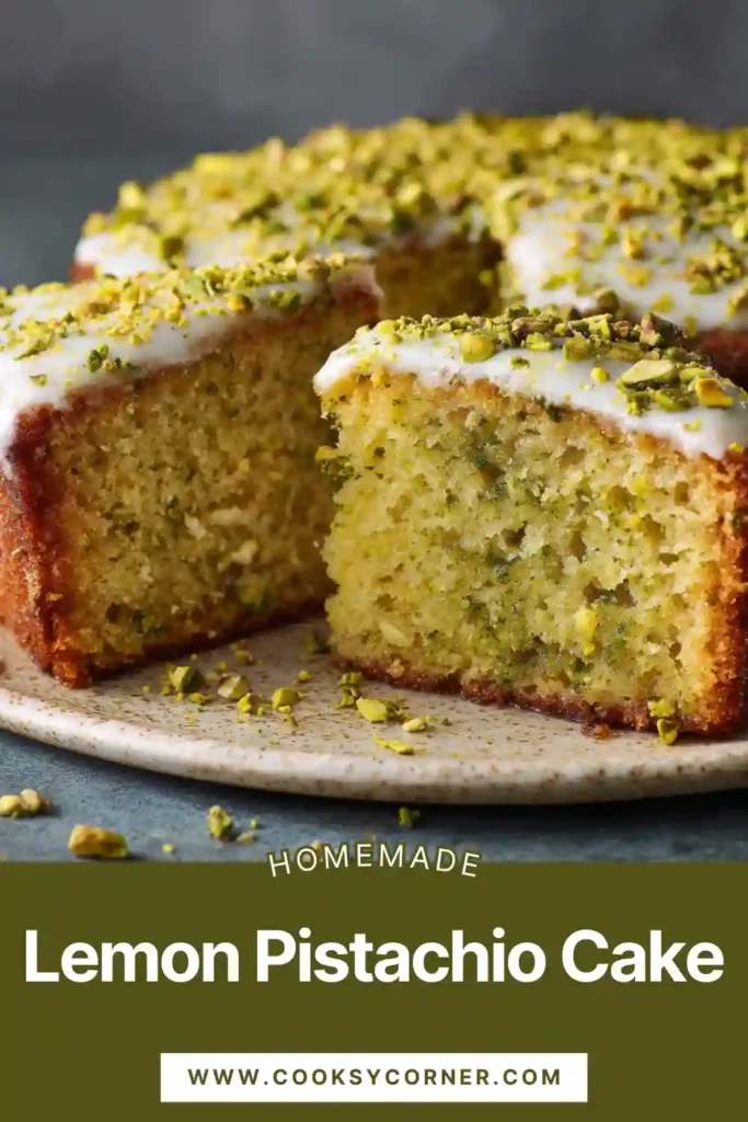 A soft Lemon Pistachio Cake topped with creamy frosting and crushed pistachios. The cake has a tender crumb with visible pistachio texture and fresh lemon zest.