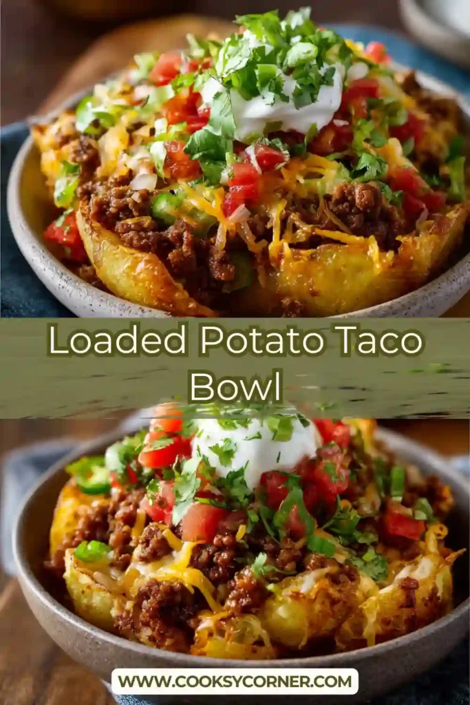 A hearty beef taco bowl featuring golden roasted potatoes, fresh avocado guacamole, salsa, and shredded cheese.