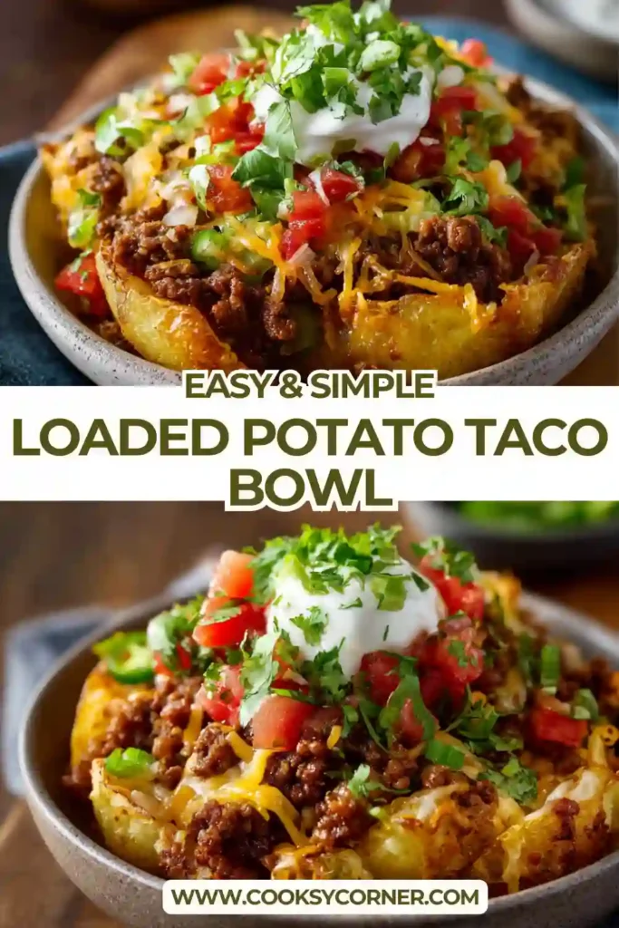 Crispy roasted potatoes layered with taco-seasoned beef, homemade guacamole, and fresh tomato salsa in a loaded potato taco bowl.