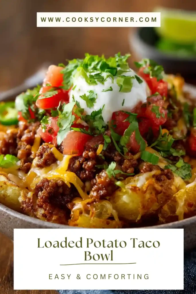 A loaded potato taco bowl topped with seasoned ground beef, fresh salsa, guacamole, and melted cheese over crispy roasted potatoes. The bowl is colorful and packed with Mexican-inspired flavors.