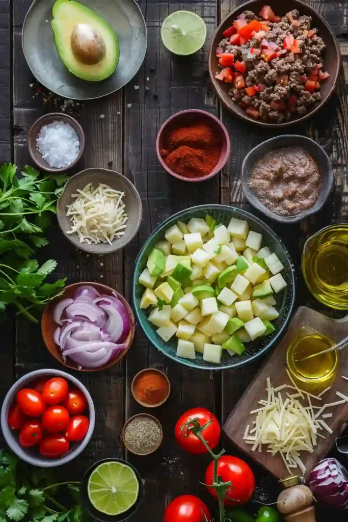 Mexican-inspired loaded potato taco bowl with crispy potatoes, seasoned beef, lime, and vibrant fresh toppings.