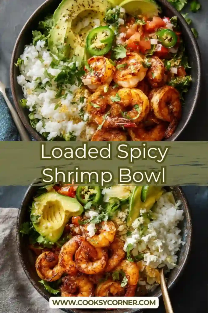 Healthy shrimp rice bowl with chili-spiced shrimp and sautéed vegetables.