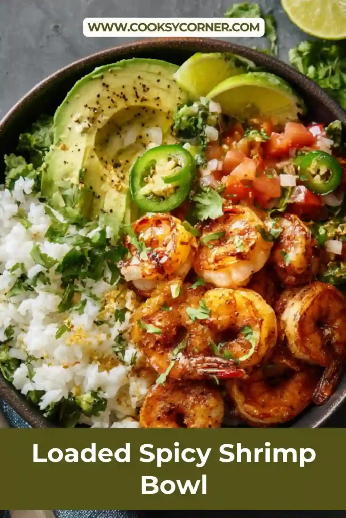 Homemade spicy shrimp bowl topped with fresh cilantro and lime.