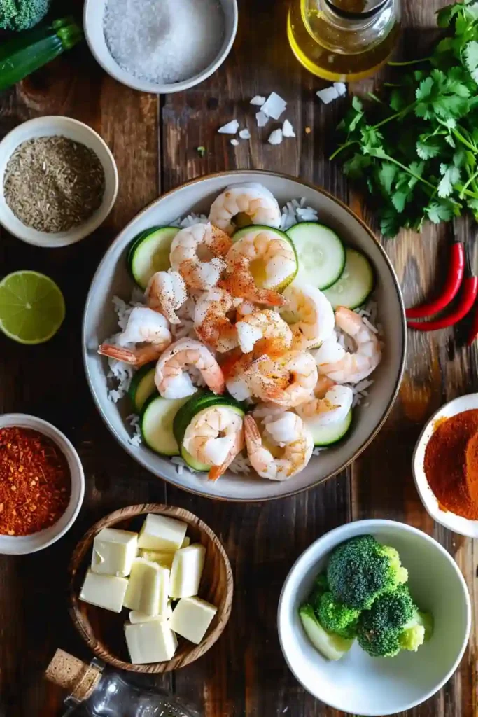 Flavorful shrimp and rice bowl with colorful vegetables.