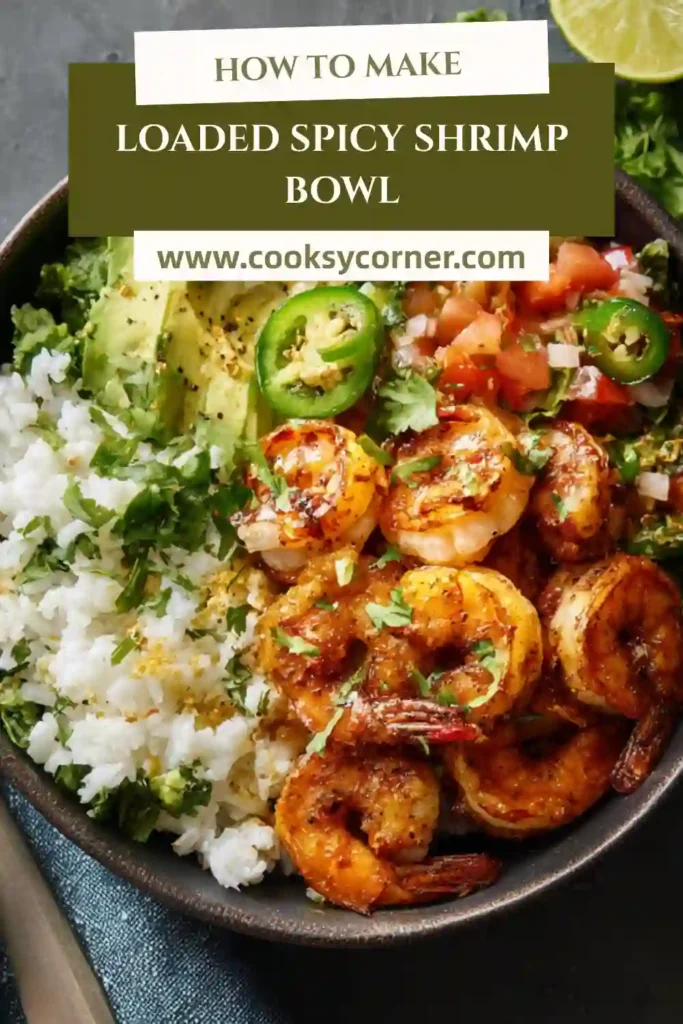 Loaded spicy shrimp bowl with jasmine rice, zucchini, broccoli, and lime garnish.