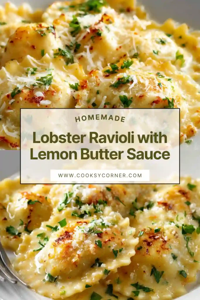 Seafood ravioli topped with butter sauce and herbs.