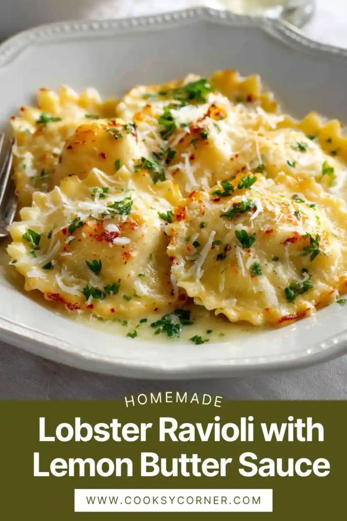 Close-up of homemade lobster ravioli with creamy filling and golden edges.