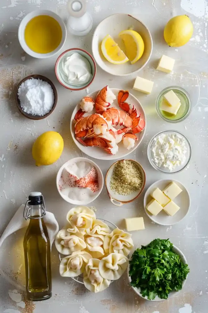 Elegant lobster ravioli dish with creamy sauce and fresh garnish.