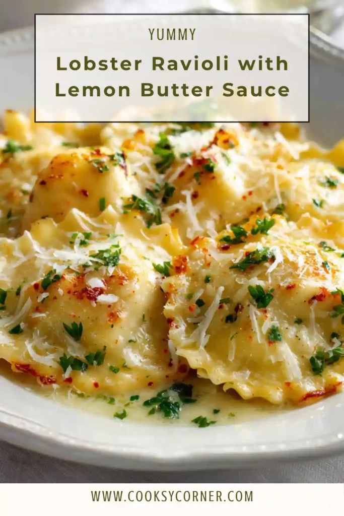 Lobster ravioli served with lemon butter sauce and parsley garnish on a plate.