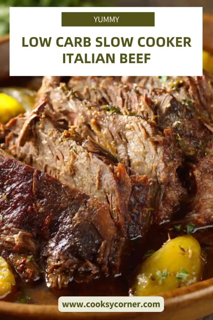 Plate of slow cooker Italian beef topped with peppers and herbs.