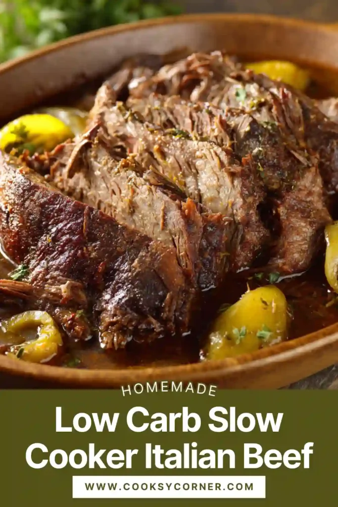 Slow cooker Italian beef shredded and served with pepperoncini peppers and onions.