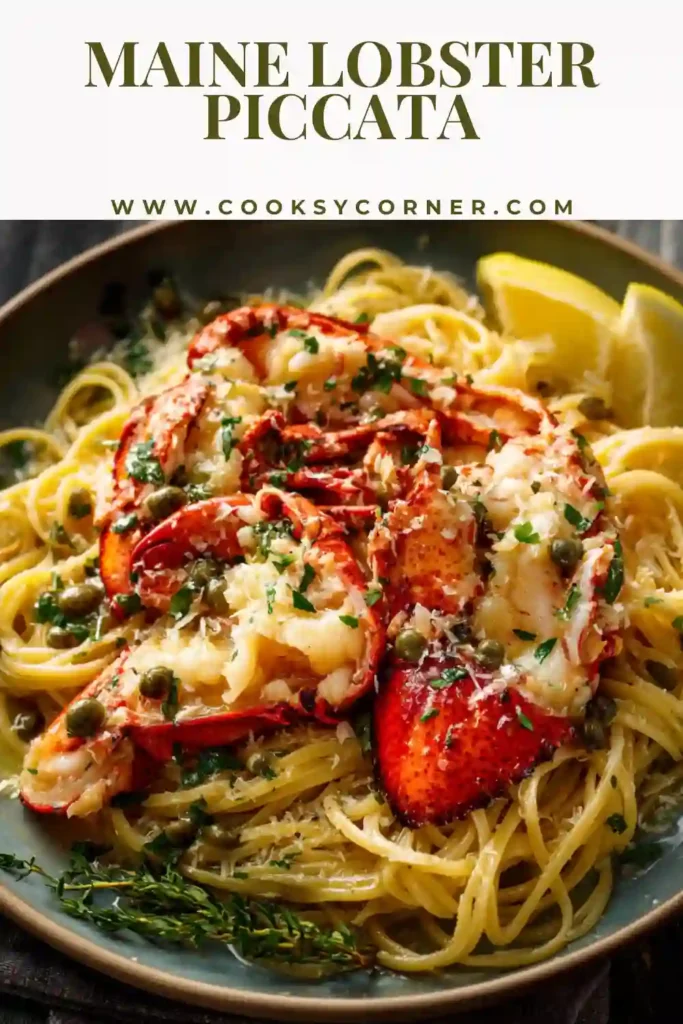 Creamy lobster piccata topped with fresh parsley and lemon slices.