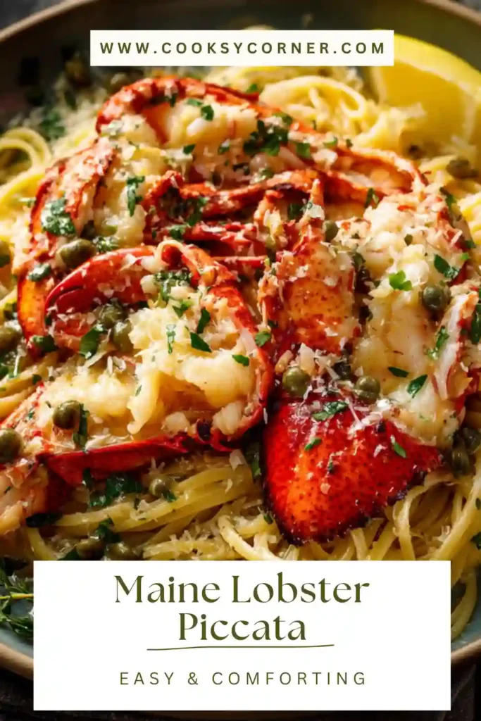 Cooked lobster meat in a skillet with lemon cream sauce and capers.