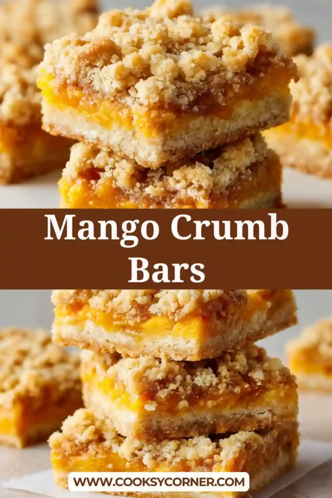 Homemade mango crumble bars cut into squares on parchment paper.