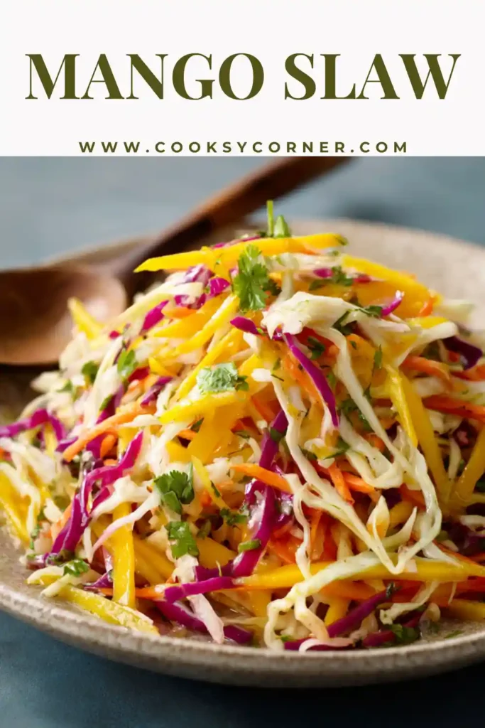 Tropical mango cabbage salad served in a bowl.